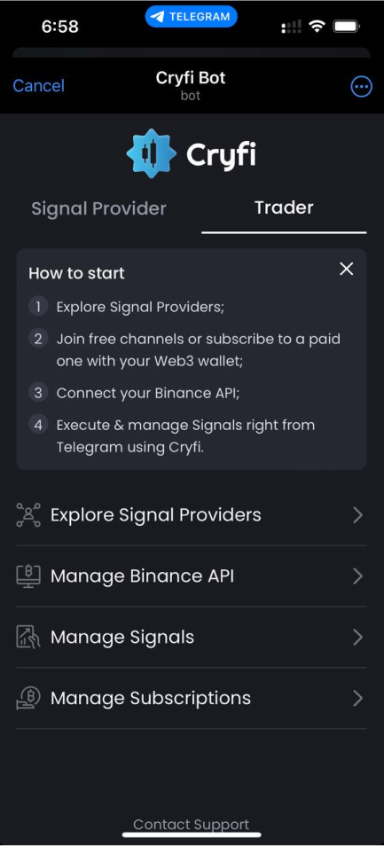 Cryfi App. Trader's view